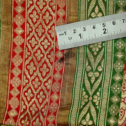 Indian Antique Vintage Heavy Wedding Sari Red & Green Pure Satin Silk Hand Woven Banarasi Sarees Zari 5Yd Floral Pre-owned Designing