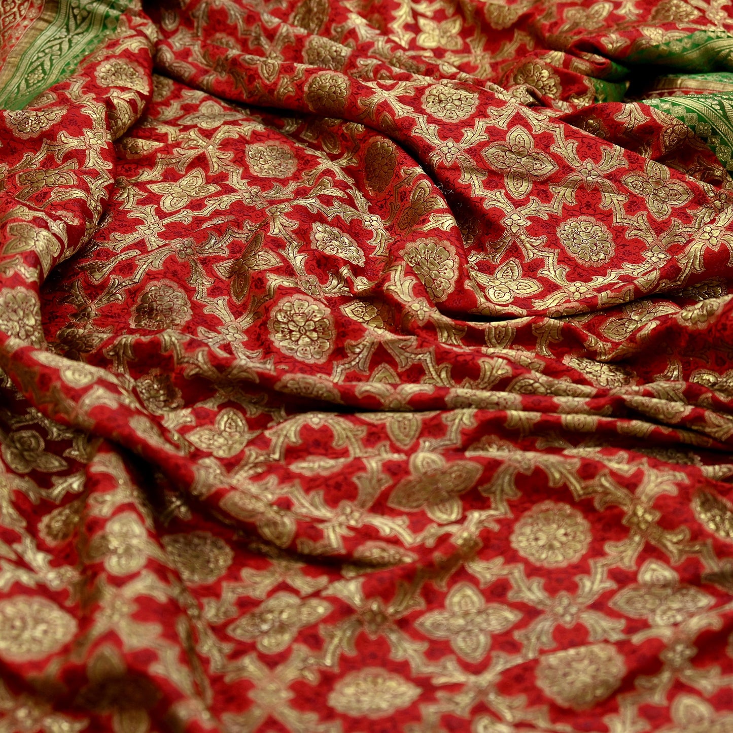 Indian Antique Vintage Heavy Wedding Sari Red & Green Pure Satin Silk Hand Woven Banarasi Sarees Zari 5Yd Floral Pre-owned Designing
