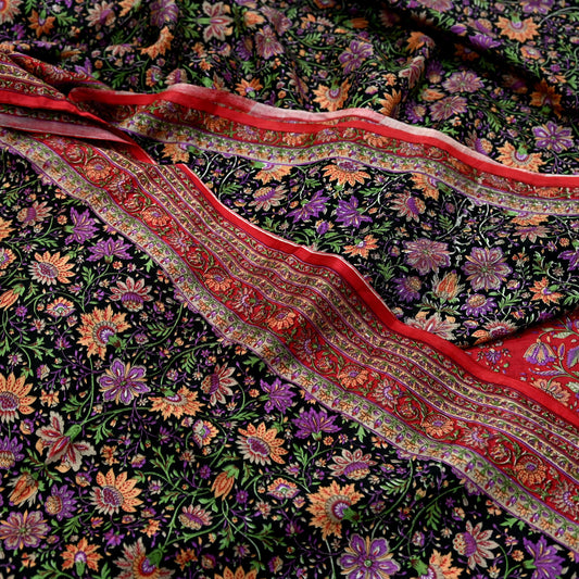 Indian Vintage Sari Black & Red Pure Silk Printed Sarees 6yd Sewing Craft Fabric Dress Making Soft For Crafting Quilting Upcycle