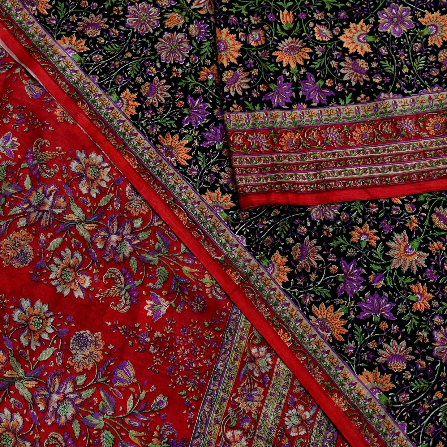 Indian Vintage Sari Black & Red Pure Silk Printed Sarees 6yd Sewing Craft Fabric Dress Making Soft For Crafting Quilting Upcycle