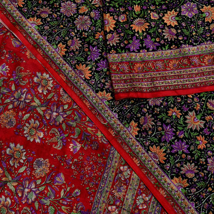 Indian Vintage Sari Black & Red Pure Silk Printed Sarees 6yd Sewing Craft Fabric Dress Making Soft For Crafting Quilting Upcycle