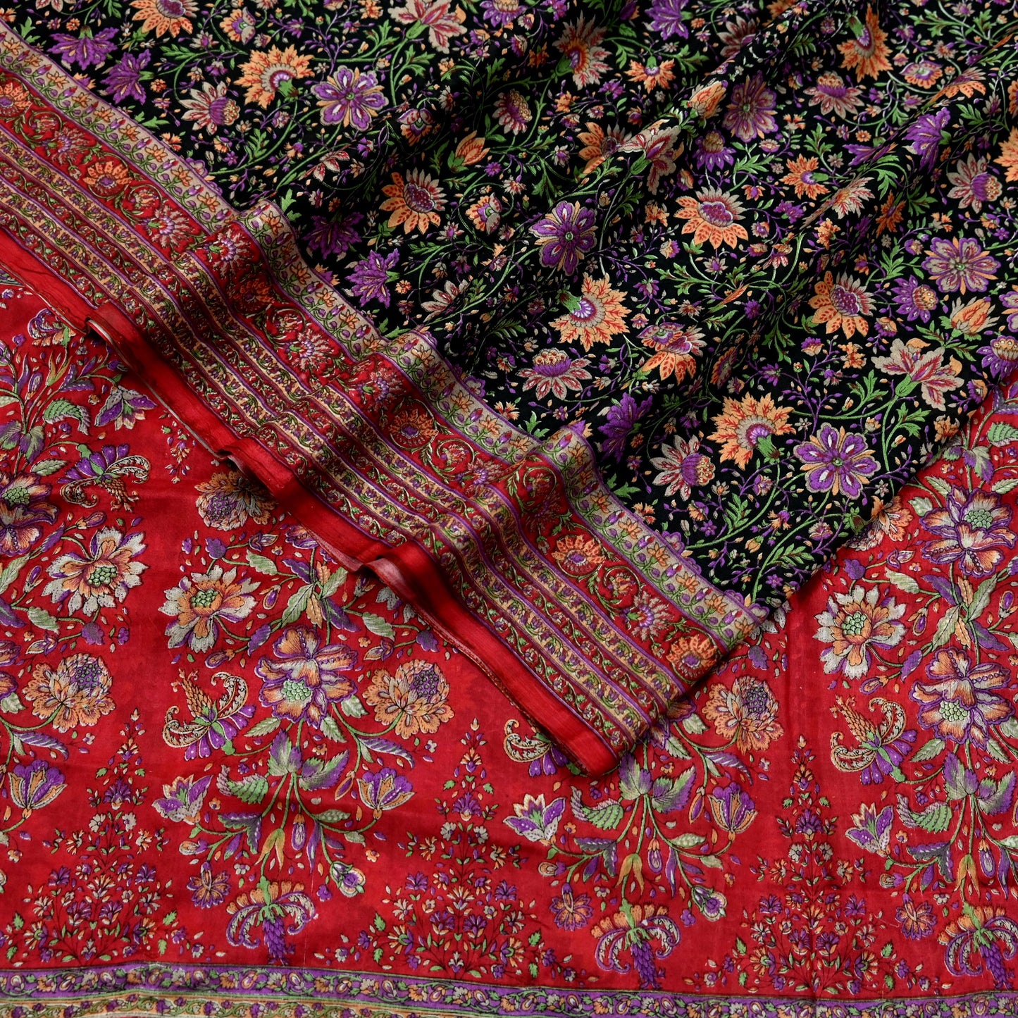 Indian Vintage Sari Black & Red Pure Silk Printed Sarees 6yd Sewing Craft Fabric Dress Making Soft For Crafting Quilting Upcycle