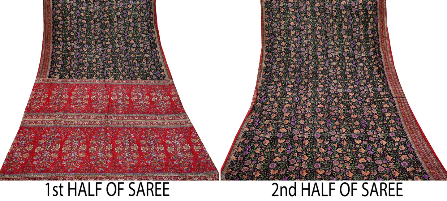 Indian Vintage Sari Black & Red Pure Silk Printed Sarees 6yd Sewing Craft Fabric Dress Making Soft For Crafting Quilting Upcycle