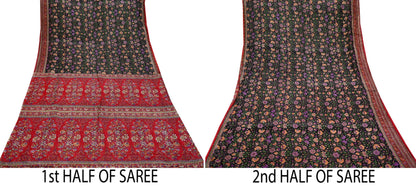 Indian Vintage Sari Black & Red Pure Silk Printed Sarees 6yd Sewing Craft Fabric Dress Making Soft For Crafting Quilting Upcycle