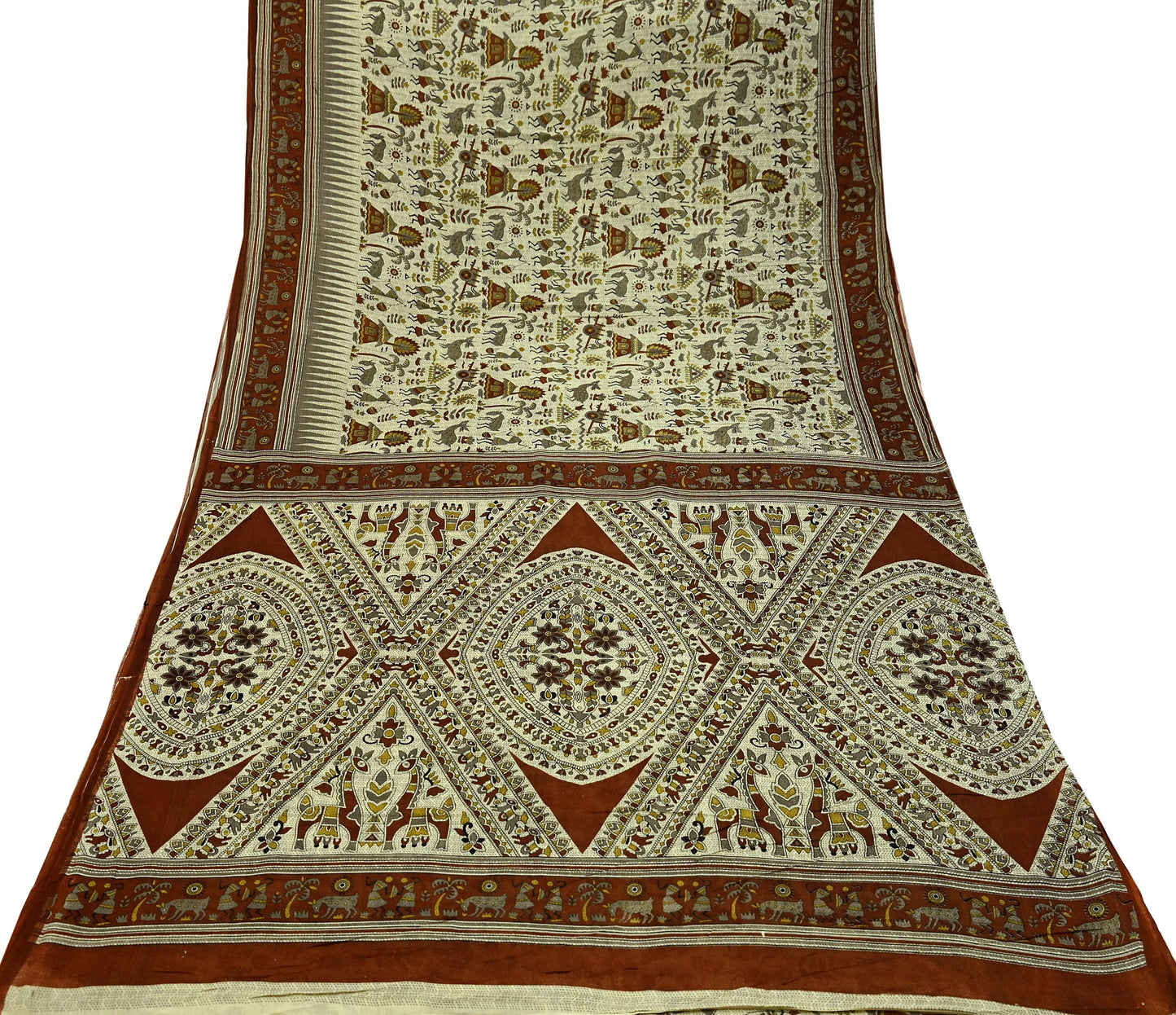 Indian Vintage Brown & Beige Saree Warli Print Pure Cotton Sari Craft Fabric 5Yd Soft Sewing Sarong Wrap Boho Dress making Crafting Quilting