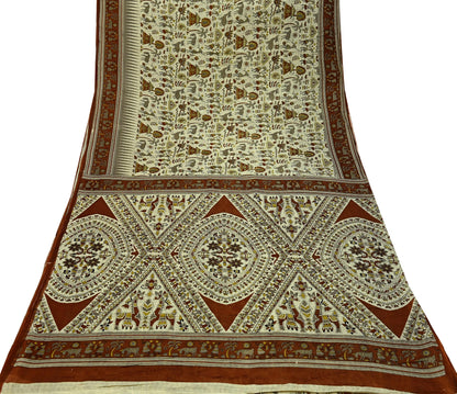 Indian Vintage Brown & Beige Saree Warli Print Pure Cotton Sari Craft Fabric 5Yd Soft Sewing Sarong Wrap Boho Dress making Crafting Quilting