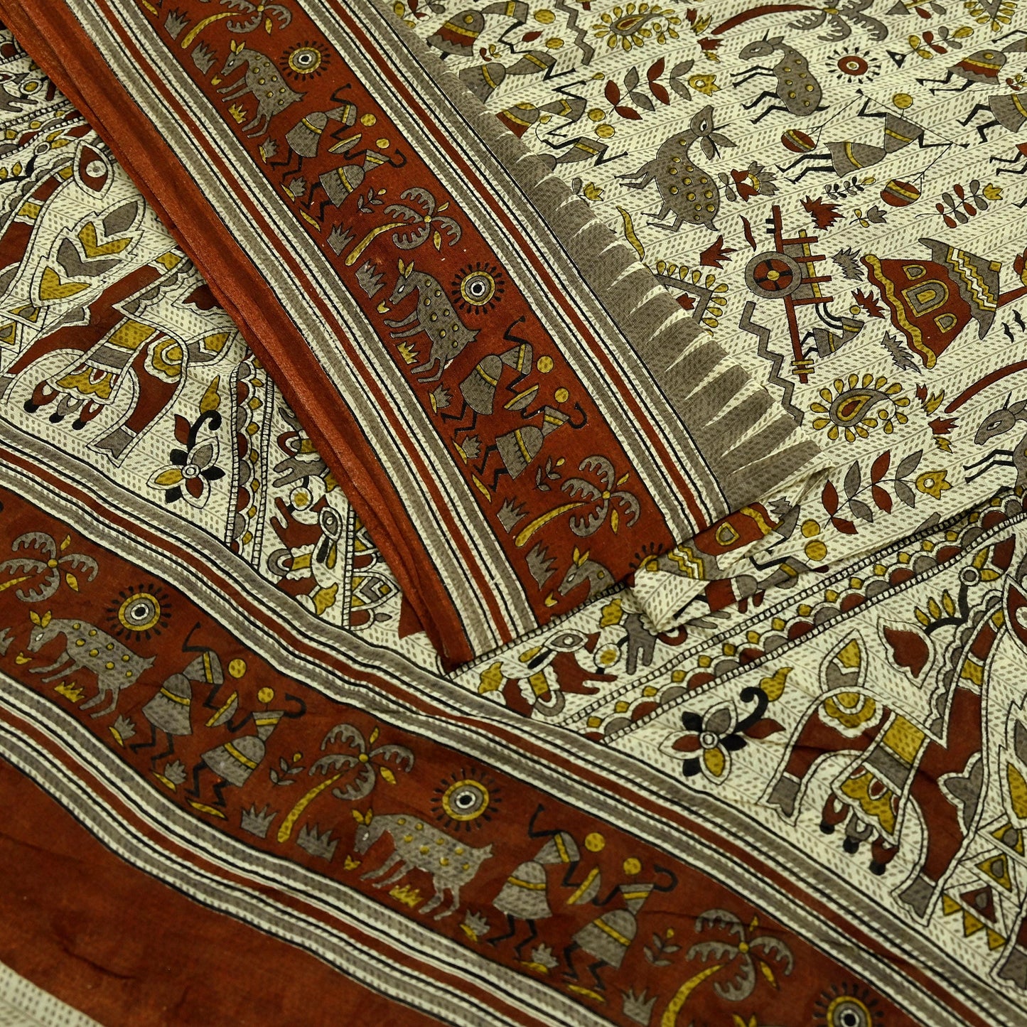 Indian Vintage Brown & Beige Saree Warli Print Pure Cotton Sari Craft Fabric 5Yd Soft Sewing Sarong Wrap Boho Dress making Crafting Quilting