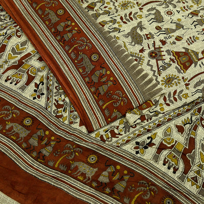 Indian Vintage Brown & Beige Saree Warli Print Pure Cotton Sari Craft Fabric 5Yd Soft Sewing Sarong Wrap Boho Dress making Crafting Quilting