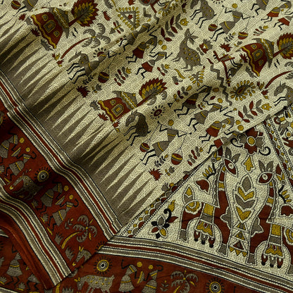 Indian Vintage Brown & Beige Saree Warli Print Pure Cotton Sari Craft Fabric 5Yd Soft Sewing Sarong Wrap Boho Dress making Crafting Quilting