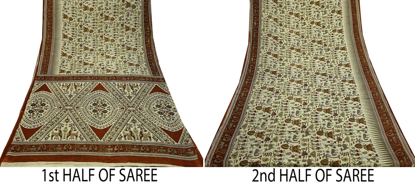 Indian Vintage Brown & Beige Saree Warli Print Pure Cotton Sari Craft Fabric 5Yd Soft Sewing Sarong Wrap Boho Dress making Crafting Quilting