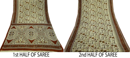 Indian Vintage Brown & Beige Saree Warli Print Pure Cotton Sari Craft Fabric 5Yd Soft Sewing Sarong Wrap Boho Dress making Crafting Quilting