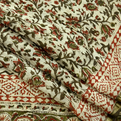 Indian Vintage Sari Beige Block Printed Chanderi Cotton Craft Fabric 5Yd Sewing Soft Dress Making Bollywood sarees Crafting Zari