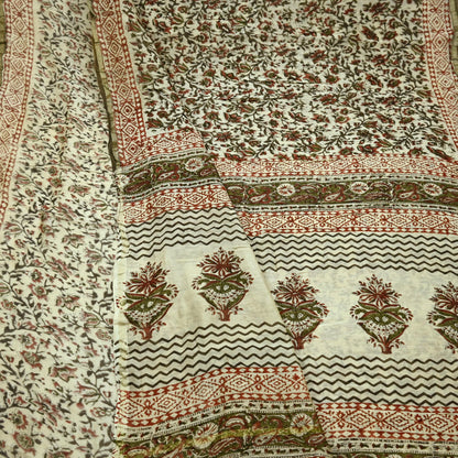 Indian Vintage Sari Beige Block Printed Chanderi Cotton Craft Fabric 5Yd Sewing Soft Dress Making Bollywood sarees Crafting Zari