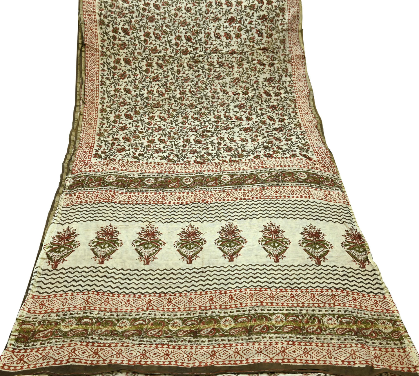 Indian Vintage Sari Beige Block Printed Chanderi Cotton Craft Fabric 5Yd Sewing Soft Dress Making Bollywood sarees Crafting Zari