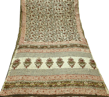 Indian Vintage Sari Beige Block Printed Chanderi Cotton Craft Fabric 5Yd Sewing Soft Dress Making Bollywood sarees Crafting Zari