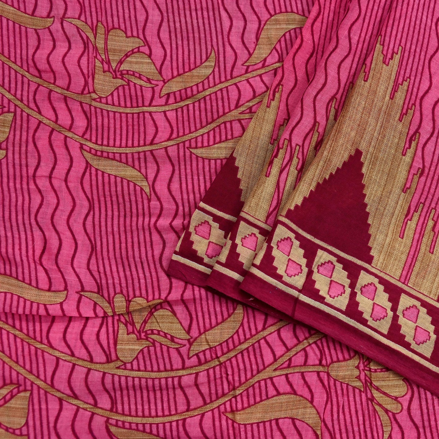 Indian Vintage Pink & Beige Saree Printed 100% Pure Cotton Sari Craft Fabric 5Yd Sewing Sarong Wrap Floral Dress making Quilting Crafting