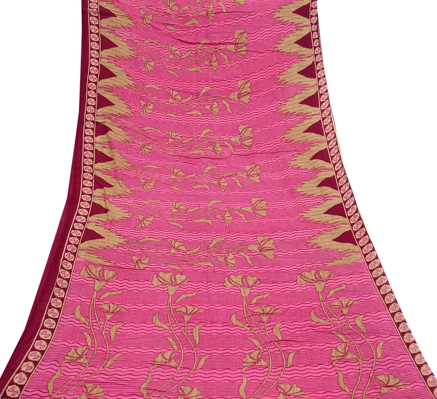 Indian Vintage Pink & Beige Saree Printed 100% Pure Cotton Sari Craft Fabric 5Yd Sewing Sarong Wrap Floral Dress making Quilting Crafting
