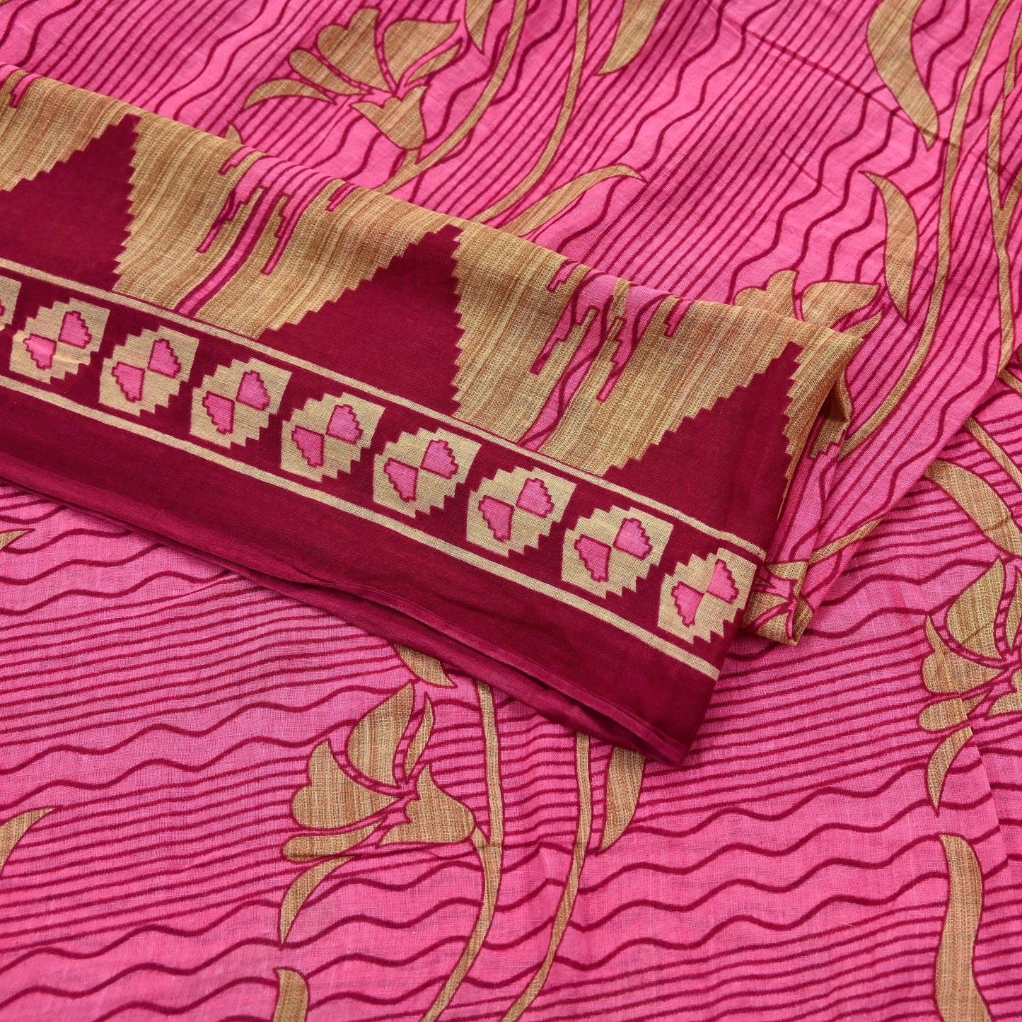 Indian Vintage Pink & Beige Saree Printed 100% Pure Cotton Sari Craft Fabric 5Yd Sewing Sarong Wrap Floral Dress making Quilting Crafting