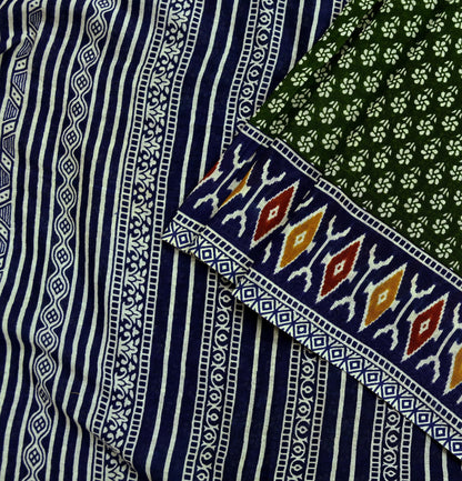 Indian Vintage Sari Blue & Green Pure Cotton Printed Sarees Craft Fabric 5Yd Soft Sewing Sarong Wrap Boho Floral Quilting Upcycle Crafting