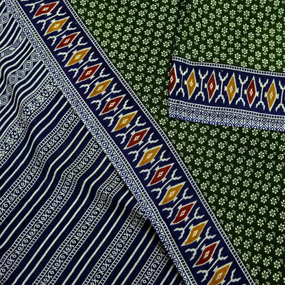 Indian Vintage Sari Blue & Green Pure Cotton Printed Sarees Craft Fabric 5Yd Soft Sewing Sarong Wrap Boho Floral Quilting Upcycle Crafting