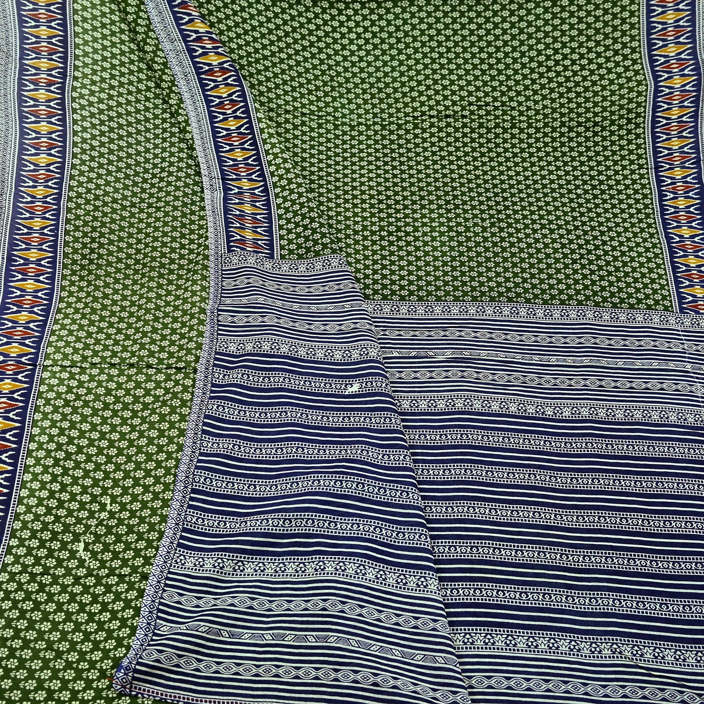 Indian Vintage Sari Blue & Green Pure Cotton Printed Sarees Craft Fabric 5Yd Soft Sewing Sarong Wrap Boho Floral Quilting Upcycle Crafting
