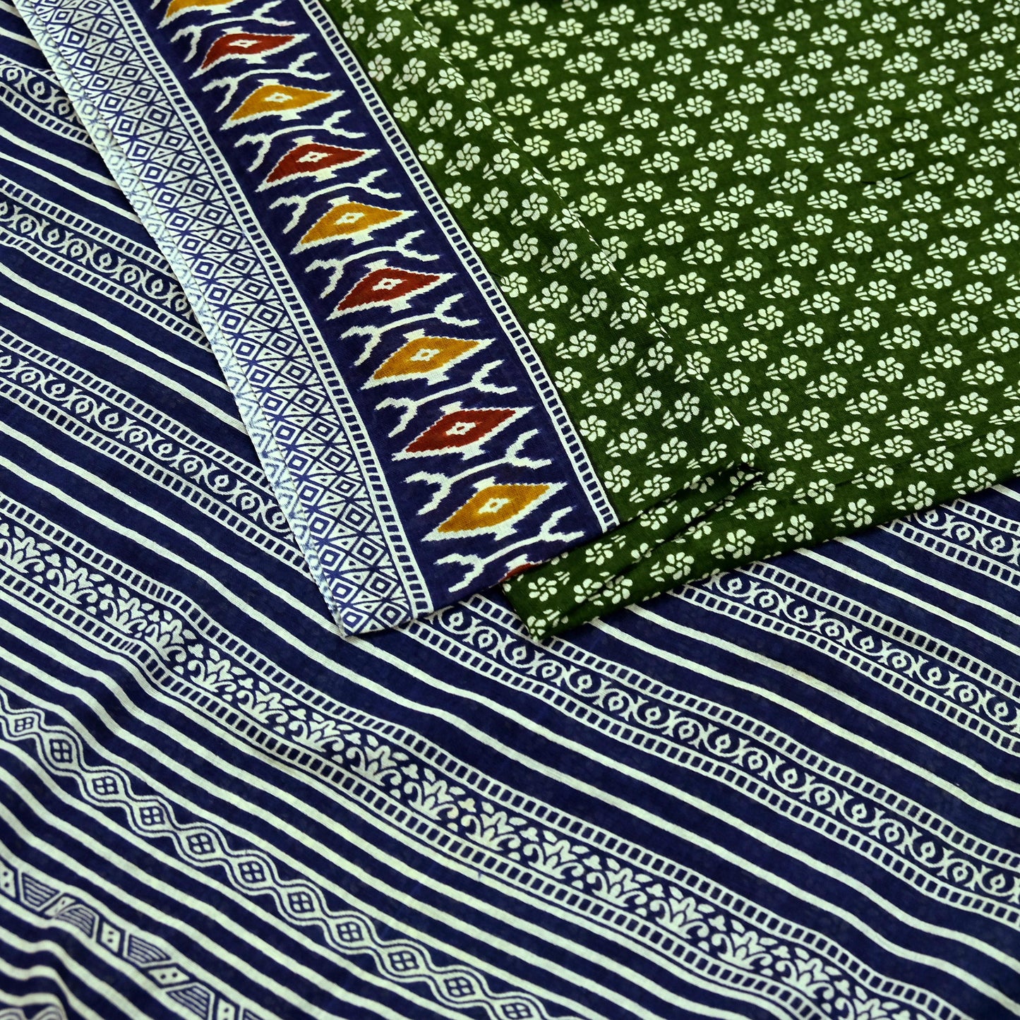 Indian Vintage Sari Blue & Green Pure Cotton Printed Sarees Craft Fabric 5Yd Soft Sewing Sarong Wrap Boho Floral Quilting Upcycle Crafting
