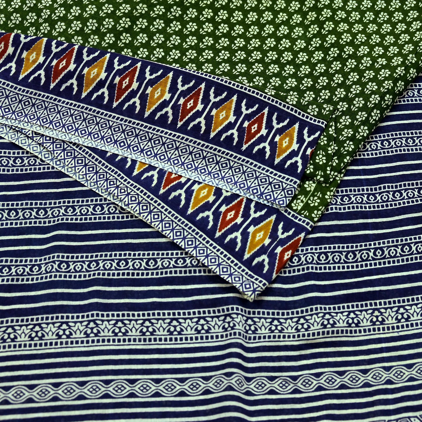 Indian Vintage Sari Blue & Green Pure Cotton Printed Sarees Craft Fabric 5Yd Soft Sewing Sarong Wrap Boho Floral Quilting Upcycle Crafting