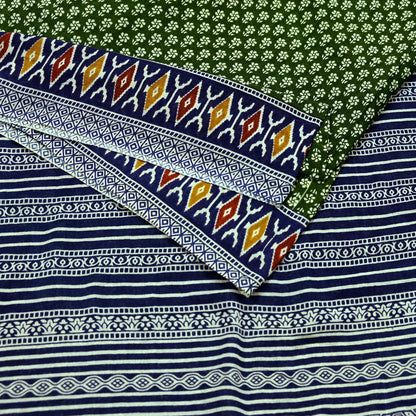 Indian Vintage Sari Blue & Green Pure Cotton Printed Sarees Craft Fabric 5Yd Soft Sewing Sarong Wrap Boho Floral Quilting Upcycle Crafting
