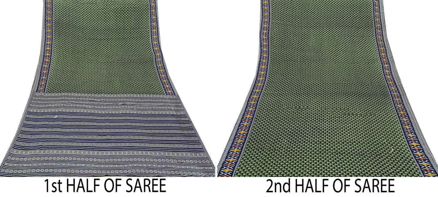 Indian Vintage Sari Blue & Green Pure Cotton Printed Sarees Craft Fabric 5Yd Soft Sewing Sarong Wrap Boho Floral Quilting Upcycle Crafting