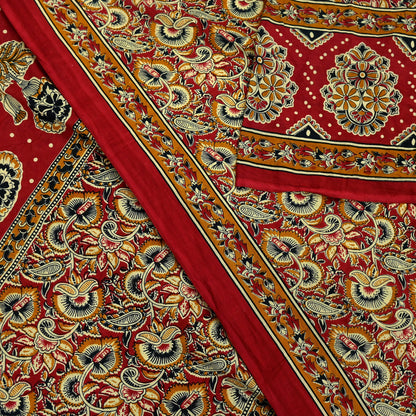 Indian Vintage Red & Beige Saree Printed 100% Pure Cotton Sari Craft Fabric 5Yd Soft Sewing Sarong Wrap Dress Making Quilting Crafting