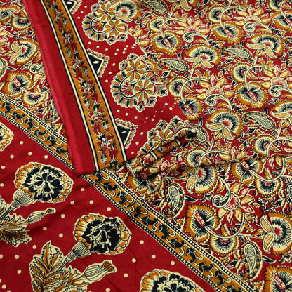 Indian Vintage Red & Beige Saree Printed 100% Pure Cotton Sari Craft Fabric 5Yd Soft Sewing Sarong Wrap Dress Making Quilting Crafting
