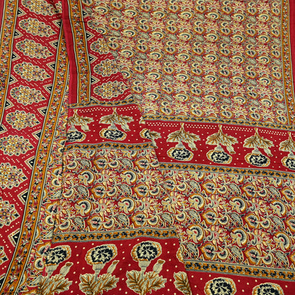 Indian Vintage Red & Beige Saree Printed 100% Pure Cotton Sari Craft Fabric 5Yd Soft Sewing Sarong Wrap Dress Making Quilting Crafting
