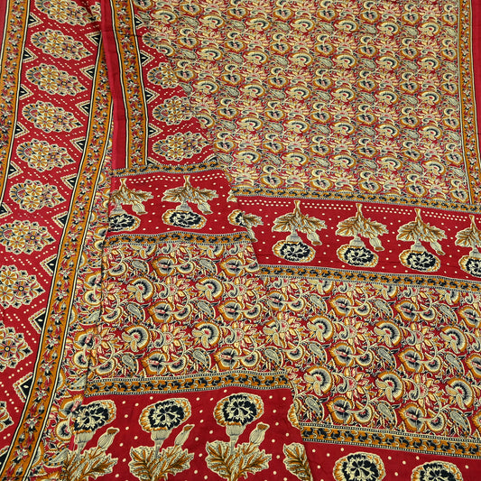 Indian Vintage Red & Beige Saree Printed 100% Pure Cotton Sari Craft Fabric 5Yd Soft Sewing Sarong Wrap Dress Making Quilting Crafting