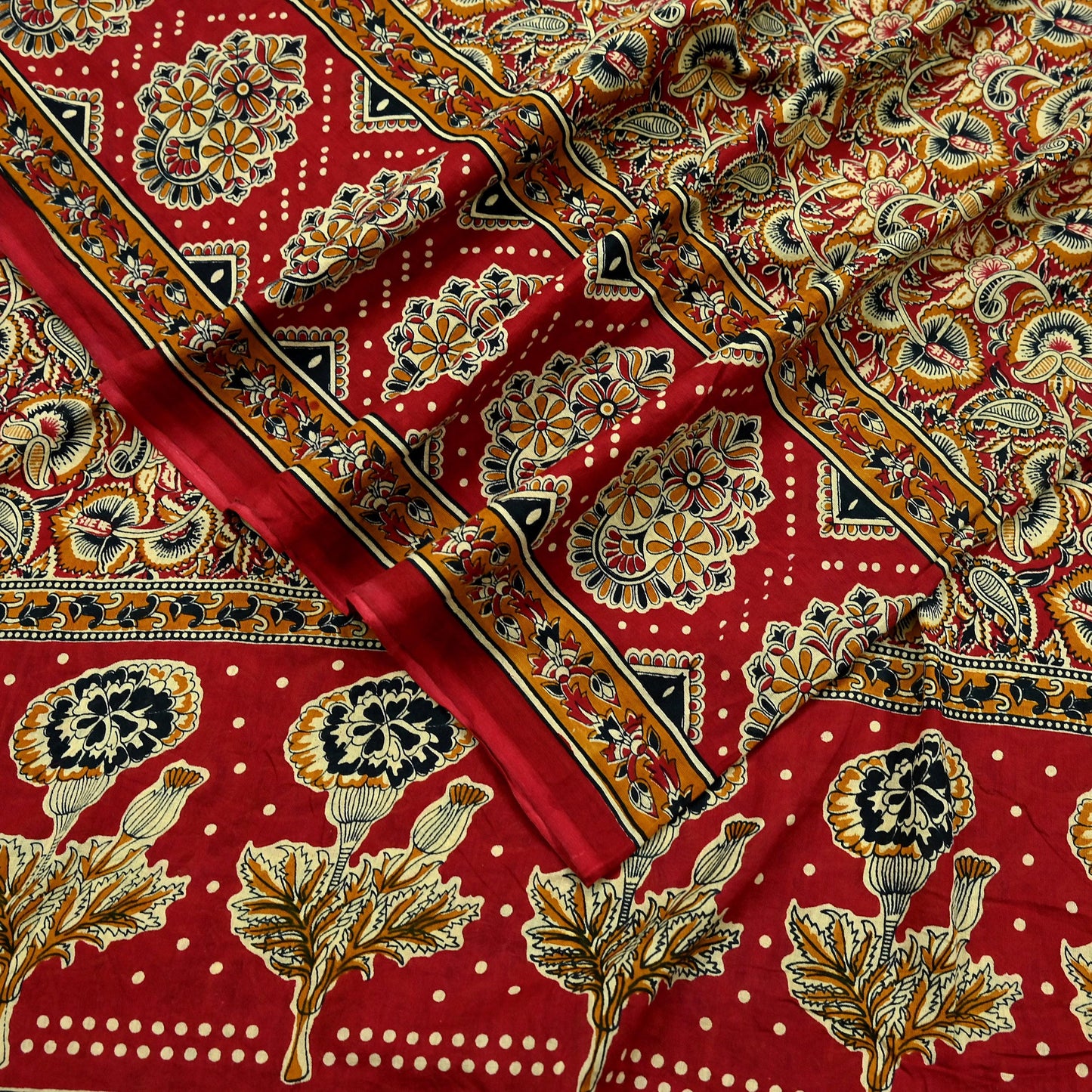 Indian Vintage Red & Beige Saree Printed 100% Pure Cotton Sari Craft Fabric 5Yd Soft Sewing Sarong Wrap Dress Making Quilting Crafting