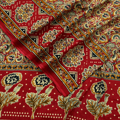 Indian Vintage Red & Beige Saree Printed 100% Pure Cotton Sari Craft Fabric 5Yd Soft Sewing Sarong Wrap Dress Making Quilting Crafting