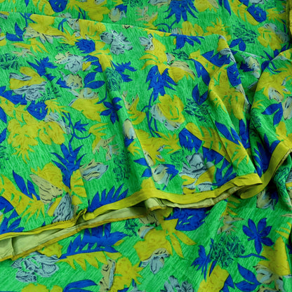 Indian Vintage Sari Lemon & Green Pure Crepe Silk Printed Sarees 6yd Sewing Floral Craft Fabric Wrap Dress making For Crafting Quilting