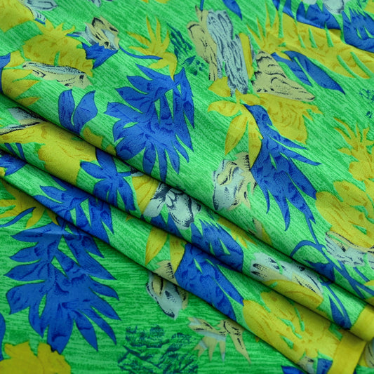 Indian Vintage Sari Lemon & Green Pure Crepe Silk Printed Sarees 6yd Sewing Floral Craft Fabric Wrap Dress making For Crafting Quilting