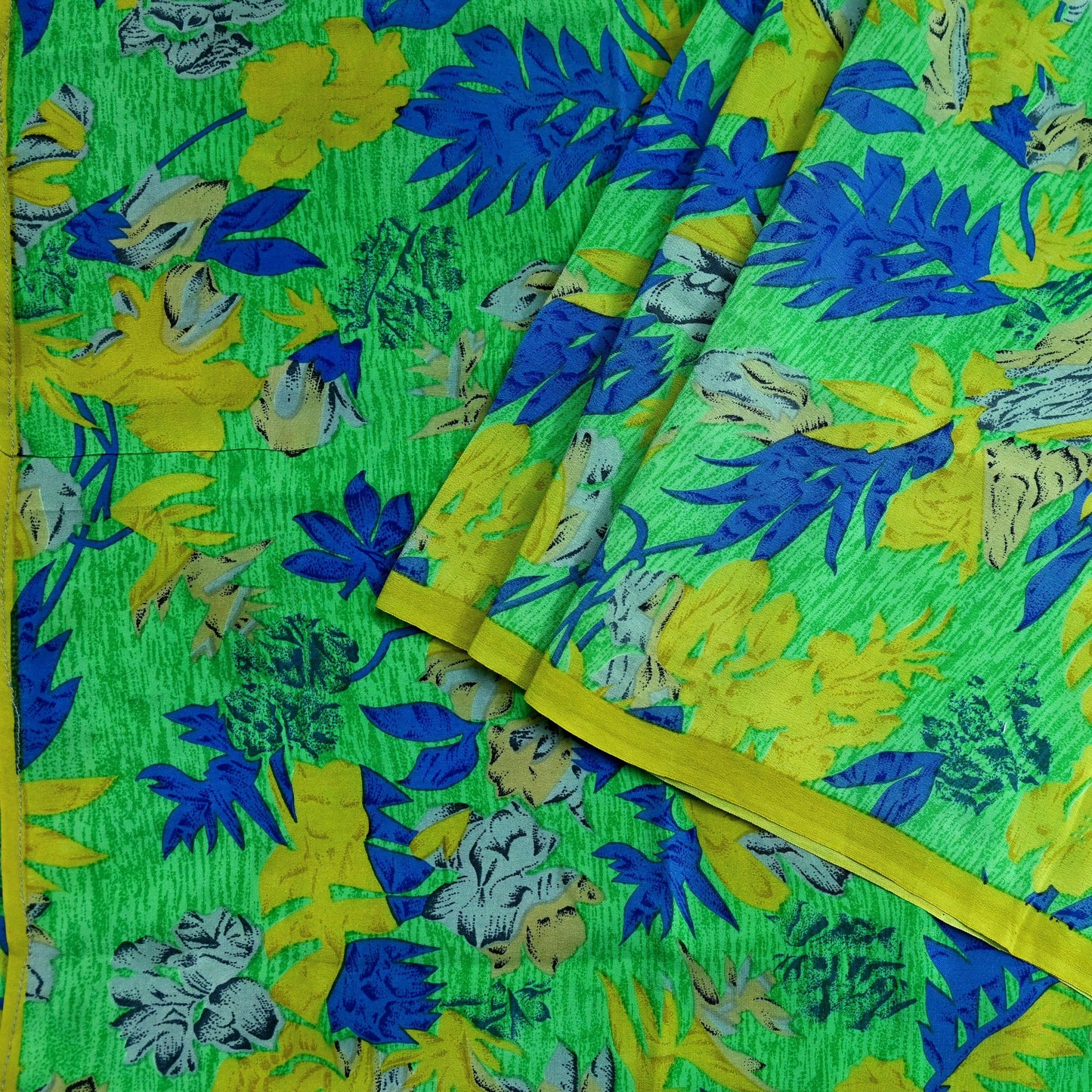 Indian Vintage Sari Lemon & Green Pure Crepe Silk Printed Sarees 6yd Sewing Floral Craft Fabric Wrap Dress making For Crafting Quilting