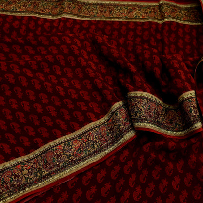Indian Vintage Maroon Saree Pure Crepe Silk Printed Sari Craft Fabric 5yd Sewing Floral Soft Wrap Dress Making Crafting Quilting Upcycle