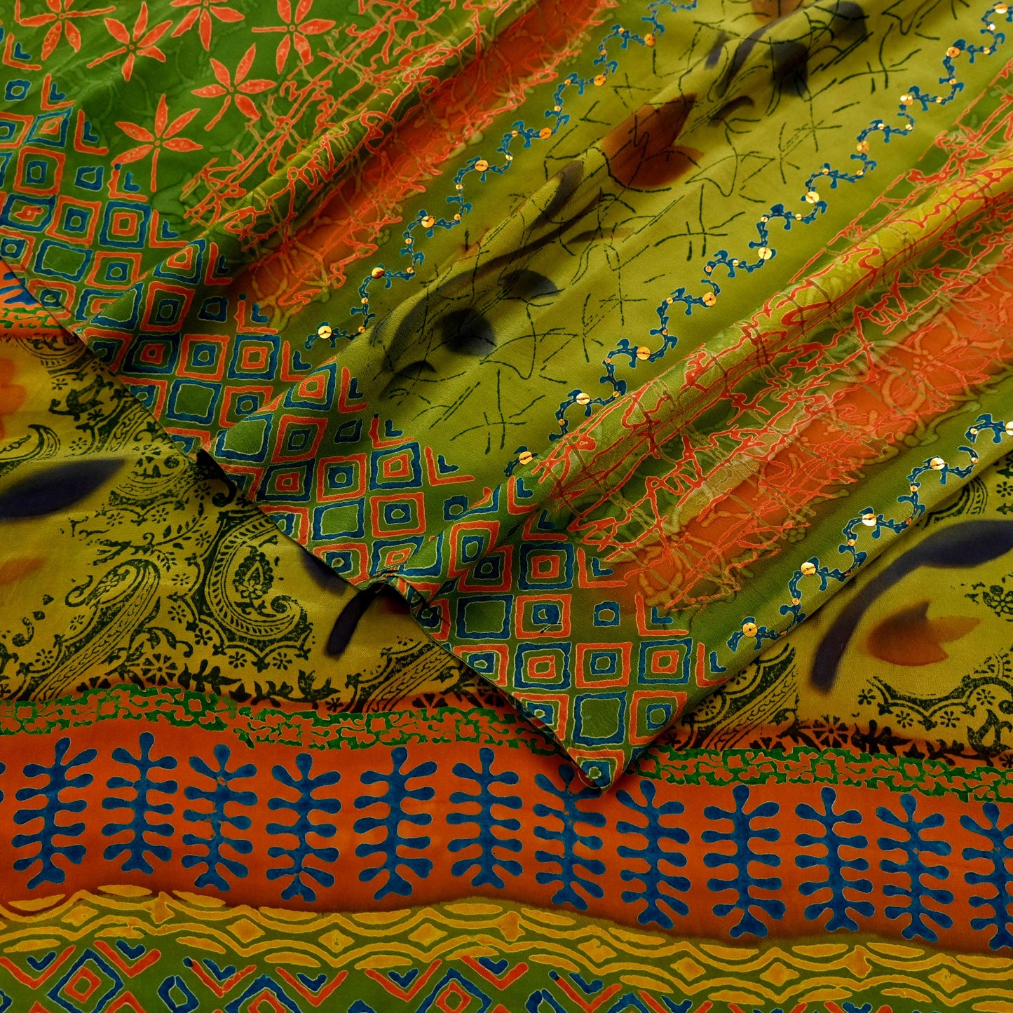 Indian Vintage Sari Orange & Green Pure Crepe Silk Hand Embroidered Saree 5yd Sewing Floral Craft Sequins Dress making Crafting Quilting