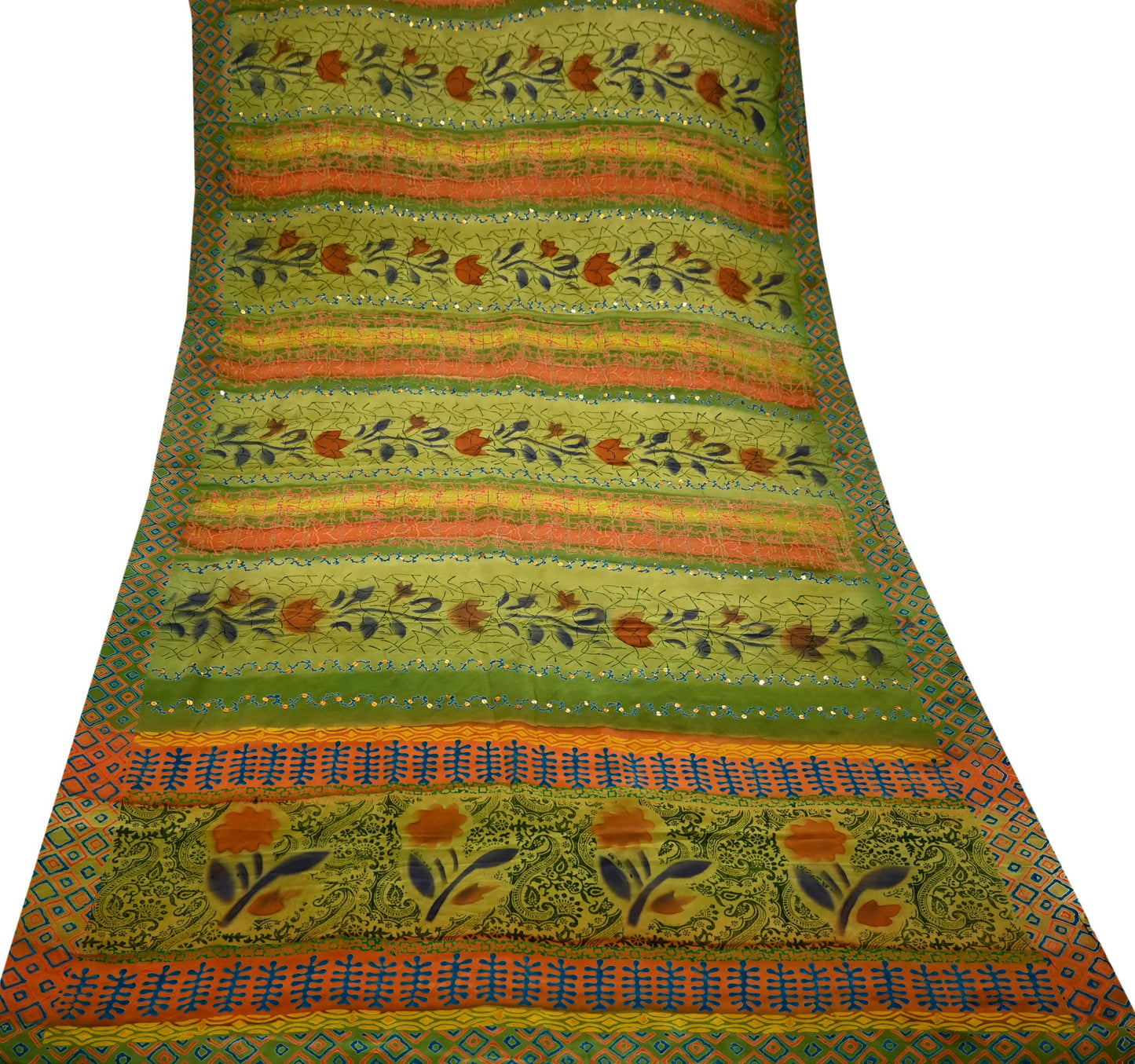 Indian Vintage Sari Orange & Green Pure Crepe Silk Hand Embroidered Saree 5yd Sewing Floral Craft Sequins Dress making Crafting Quilting