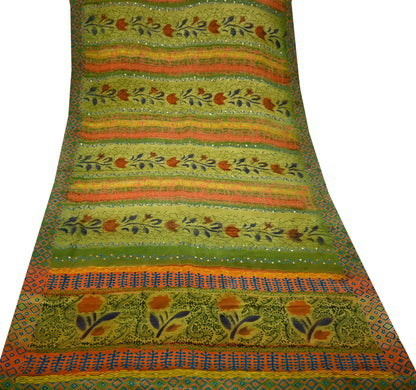 Indian Vintage Sari Orange & Green Pure Crepe Silk Hand Embroidered Saree 5yd Sewing Floral Craft Sequins Dress making Crafting Quilting