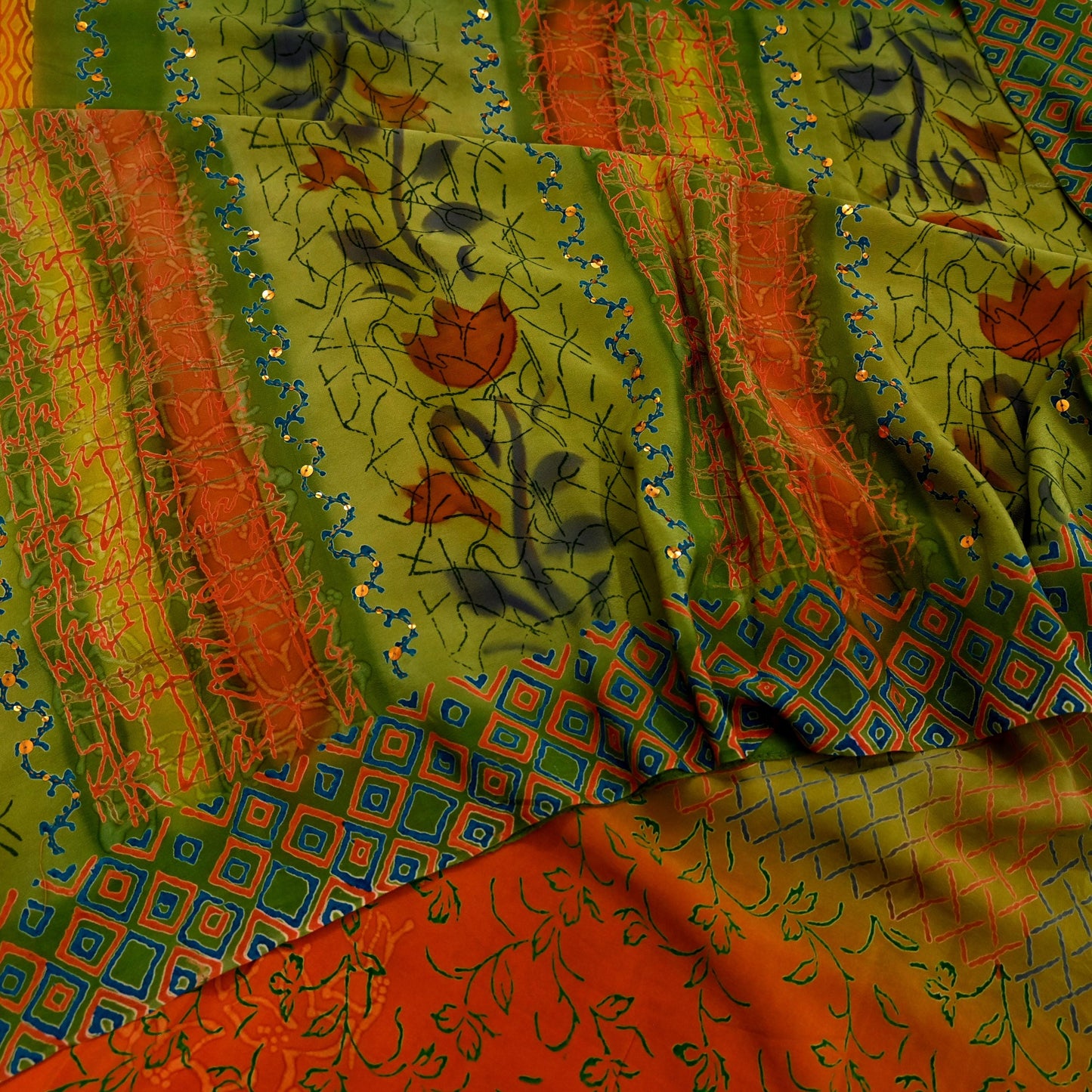 Indian Vintage Sari Orange & Green Pure Crepe Silk Hand Embroidered Saree 5yd Sewing Floral Craft Sequins Dress making Crafting Quilting