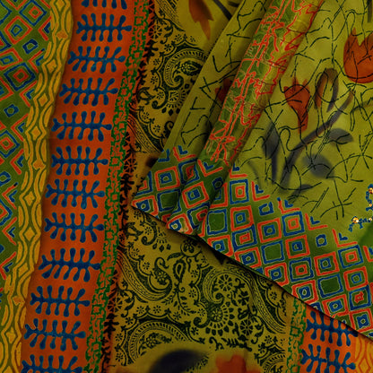 Indian Vintage Sari Orange & Green Pure Crepe Silk Hand Embroidered Saree 5yd Sewing Floral Craft Sequins Dress making Crafting Quilting