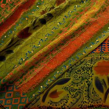 Indian Vintage Sari Orange & Green Pure Crepe Silk Hand Embroidered Saree 5yd Sewing Floral Craft Sequins Dress making Crafting Quilting