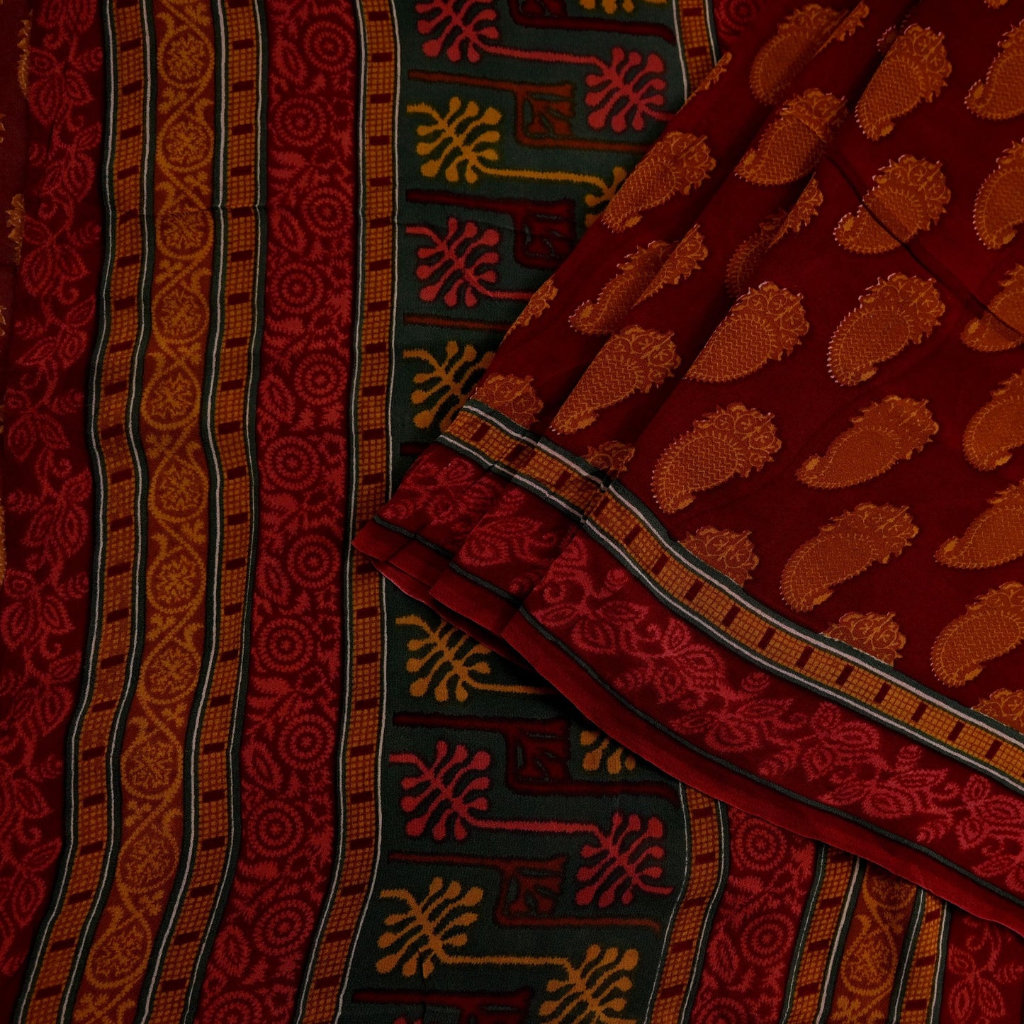 Women Vintage Sari Maroon Pure Georgette Silk Printed Saree Craft Fabric Sewing 6Yd Soft Light Dress Making Floral Quilting Paisley
