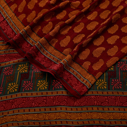 Women Vintage Sari Maroon Pure Georgette Silk Printed Saree Craft Fabric Sewing 6Yd Soft Light Dress Making Floral Quilting Paisley