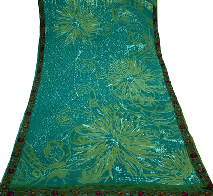 Women Vintage Sari Green 100% Pure Georgette Silk Printed Saree Craft Fabric Sewing 5Yd Soft Sari Dress Making Upcycle Quilting Crafting