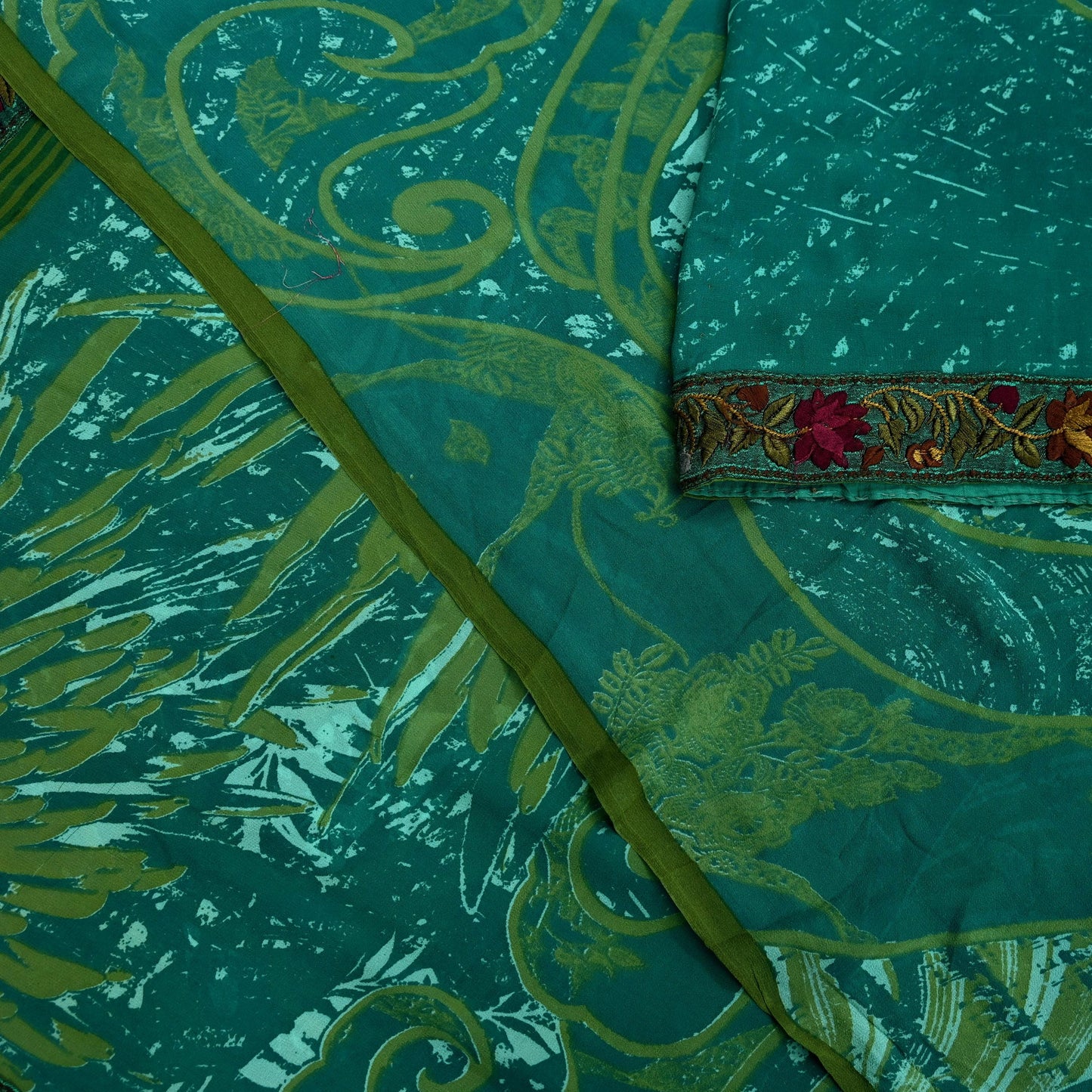Women Vintage Sari Green 100% Pure Georgette Silk Printed Saree Craft Fabric Sewing 5Yd Soft Sari Dress Making Upcycle Quilting Crafting