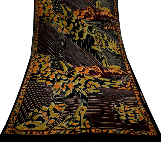 Indian Women Vintage Sari Black & Maroon 100% Pure Georgette Silk Printed Saree Sewing 5yd Soft Craft Fabric Dress Making Dress Designing
